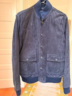 Men's Navy Suede Bomber Jacket with Button Front